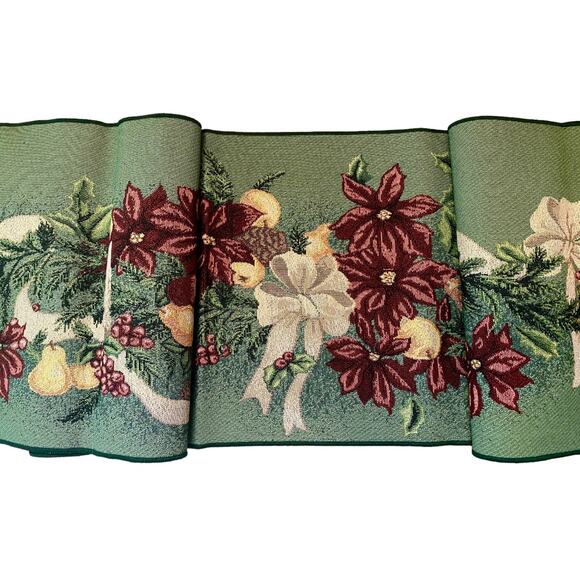 Poinsettia Christmas Table Runner Woven Tapestry Candles Bow Garland NWT 13x72" - Picture 4 of 10